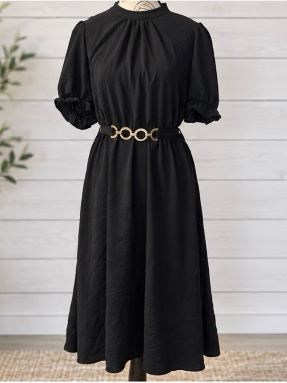 Black Puff Sleeve Midi Dress Gold Ring Belt High Neck A Line Small